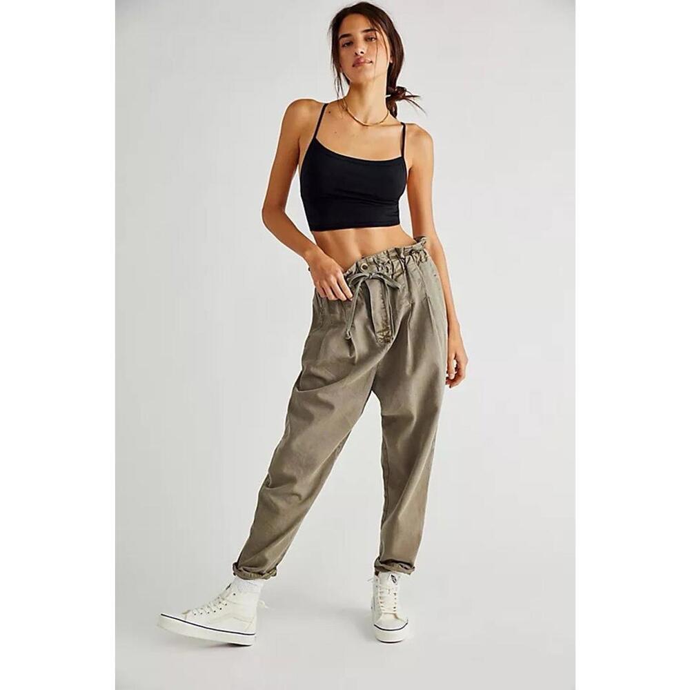 Free People pants small S green high rise margate pleated trouser boho fall work